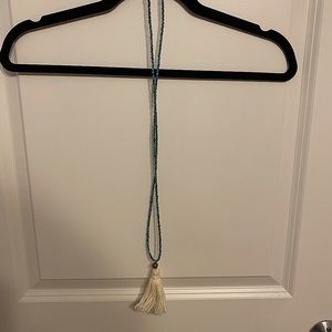 Green beaded fringe necklace.